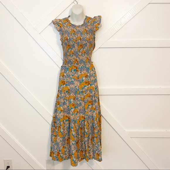Sea Biarritz Floral Smocked Ruffle Cap Sleeve Tiered Midi Dress Orange Sz 8 - Picture 3 of 13